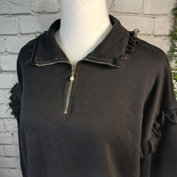 THE VINTAGE SHOP 1/4 ZIP FLEECE PULLOVER COLLARED TOP, BLACK, RUFFLED, SZ LARGE - Picture 3 of 10
